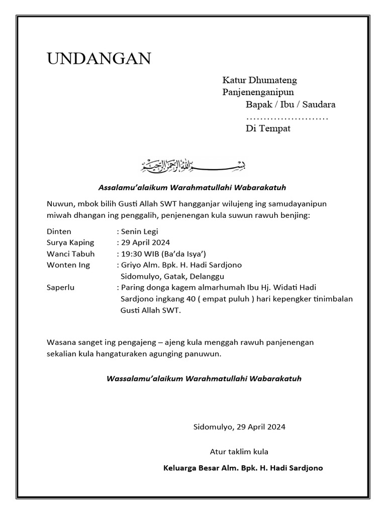 Contoh Undangan Yasinan B. Jawa | PDF