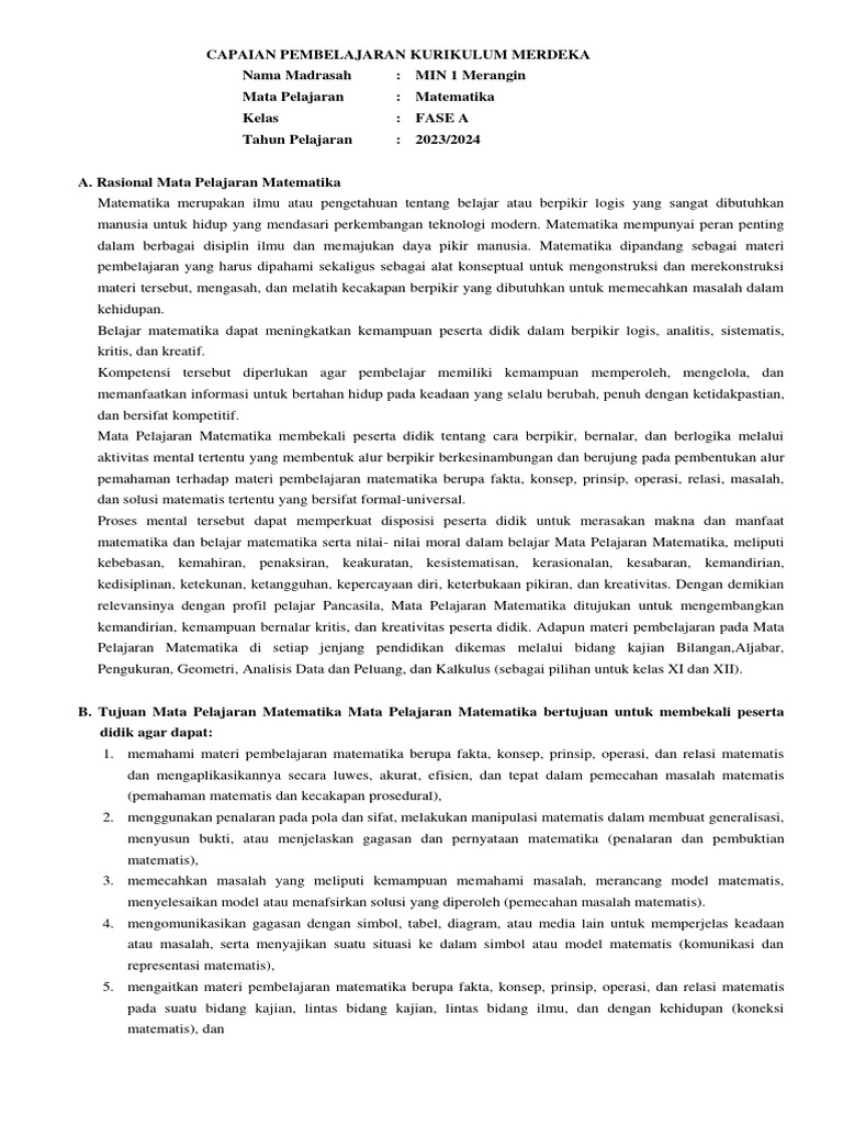 Capaian Pembelajaran Matematika MIN 1 | PDF | Metode & Bahan Ajar | Seni