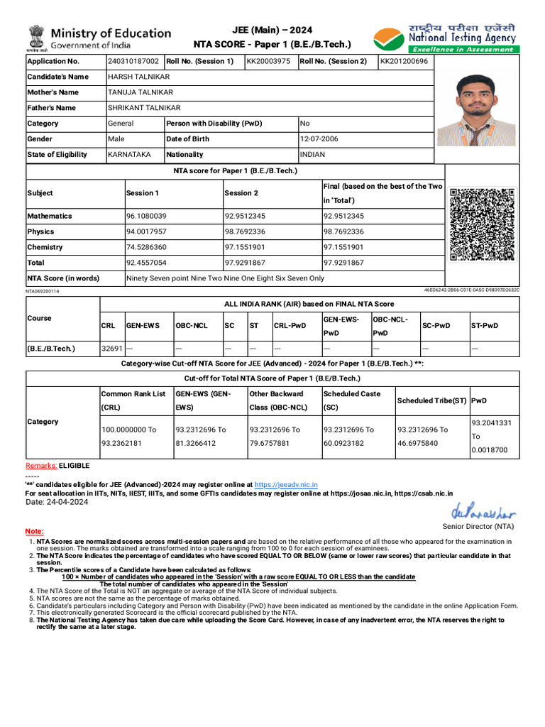 Jee Mains Result Pdf Tests Qualifications