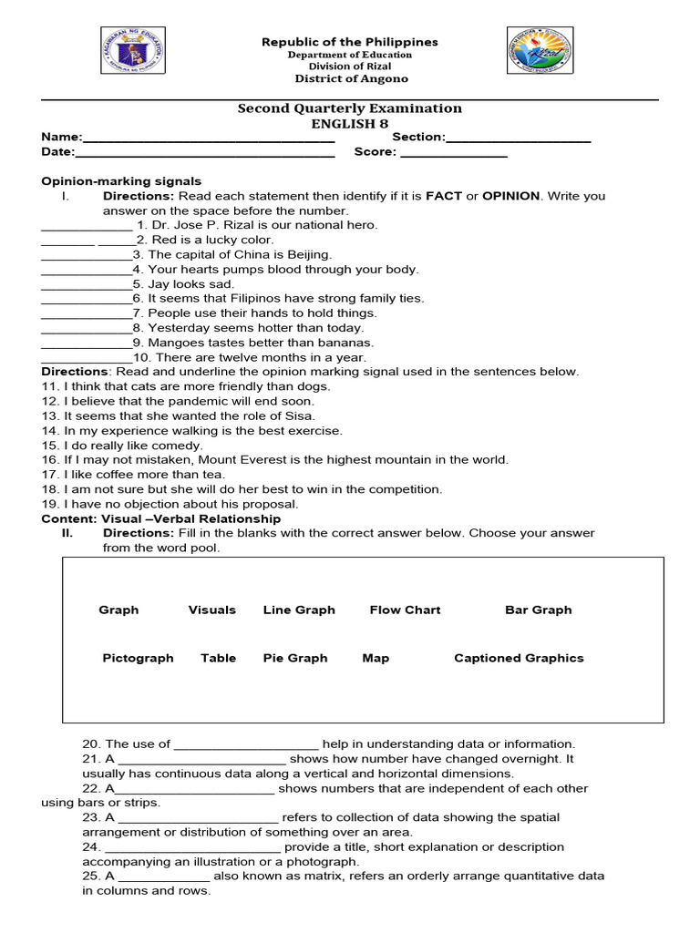 ENGLISH 8 - 2nd QUARTER EXAM | PDF | Cartesian Coordinate System