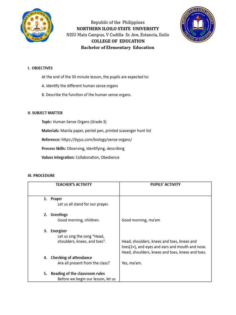 Grade 3 Lesson on Human Sense Organs | PDF | Senses | Neuroscience