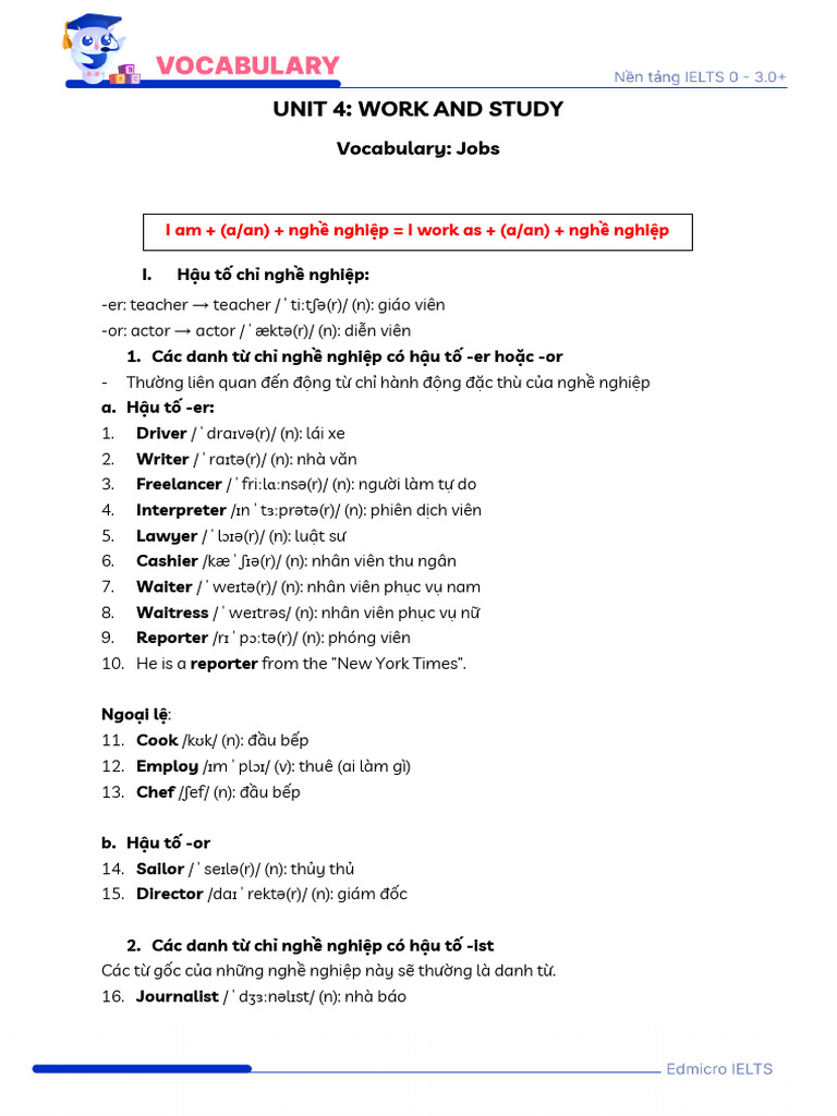 Khóa 0-3.0 - Unit 4 - Work Study | PDF