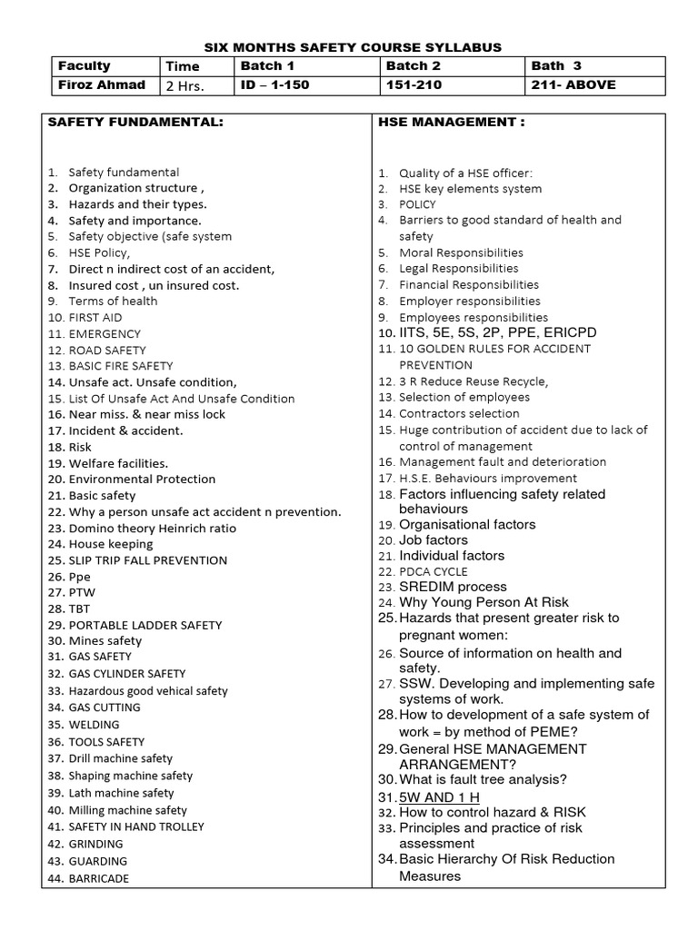 Six-Month Safety Course Syllabus | PDF | Safety | Crane (Machine)
