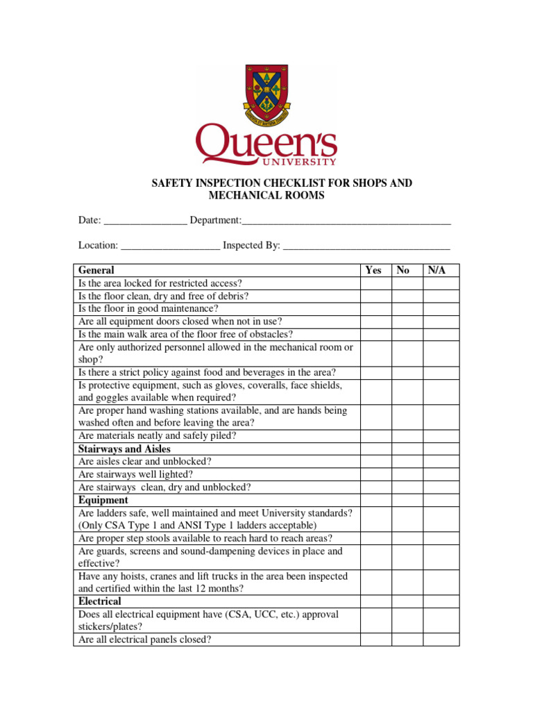 Mechanical Room Safety Inspection Checklist | PDF | Safety | Fire Safety