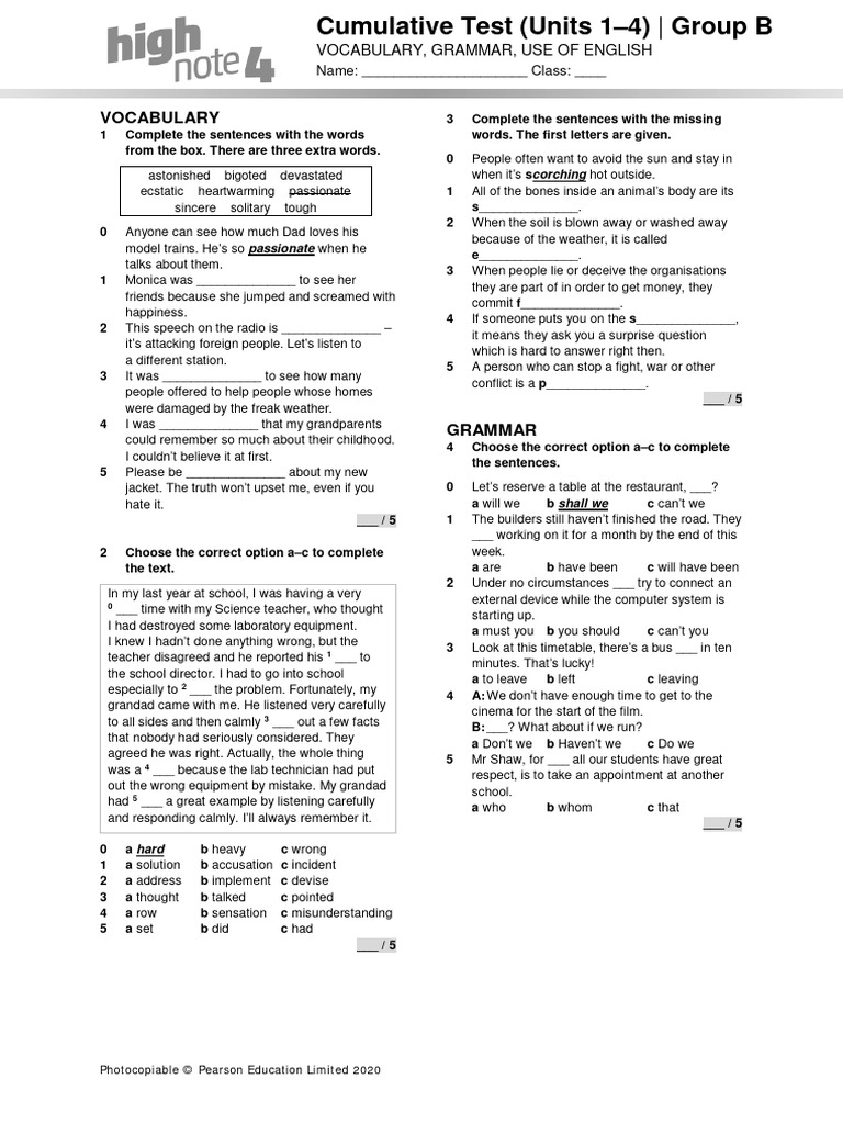 Cumulative Test Vocabulary & Grammar PDF English Language