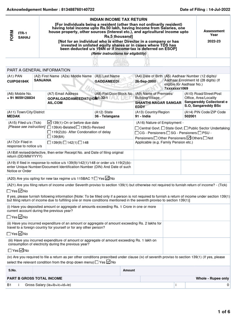 ITR-1 Filing for FY 2022-23 | PDF | Taxes | Government Finances