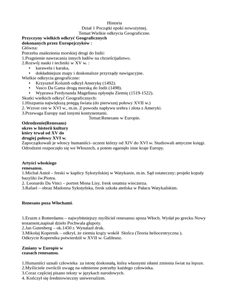 Dział 1 Początki Epoki Nowożytnej. | PDF