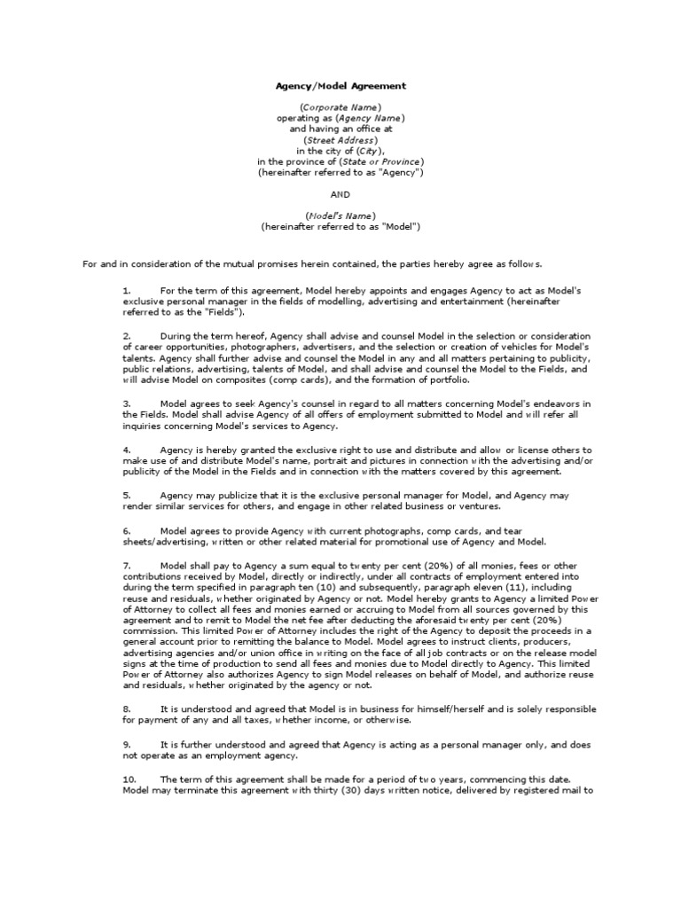 Modeling and Agency Contract PDF Private Law Common Law