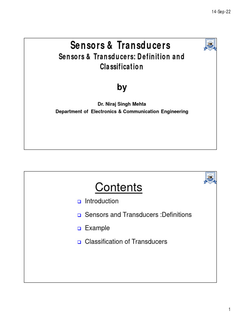 Sensors and Transducers Unit 1 Definitions and Classifications PDF