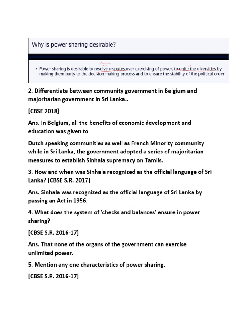 Important Questions of Civics Ch1 Power Sharing | PDF | Sri Lanka ...