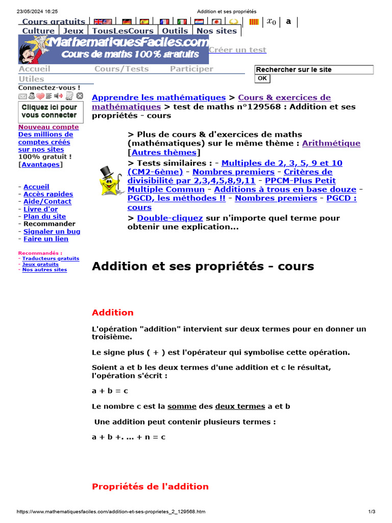 Propriétés de l'Addition en Mathématiques | PDF | Mathématiques | Somme ...