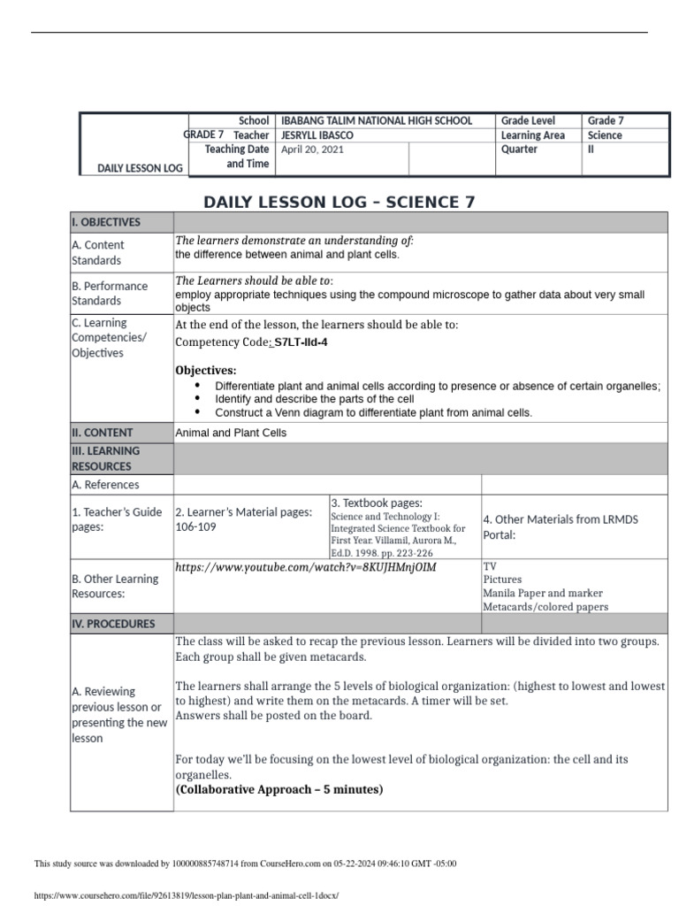 Lesson Plan Plant and Animal Cell 1 PDF Cell (Biology) Cytoplasm