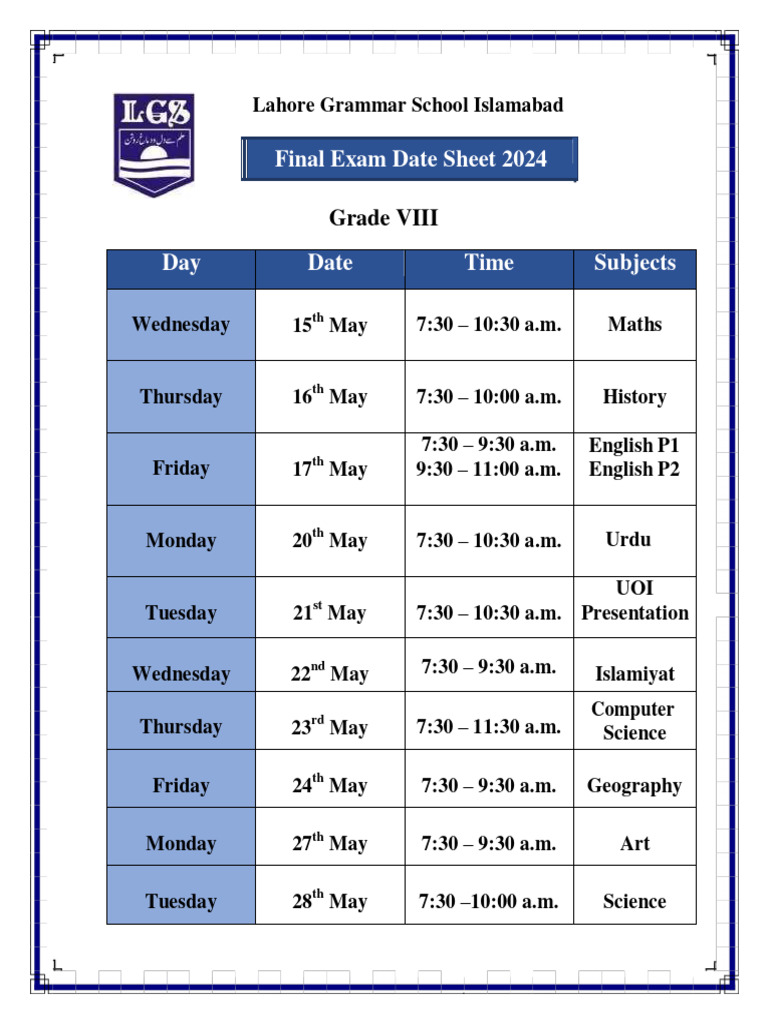 Grade 8 Final Exam Schedule 2024 | PDF