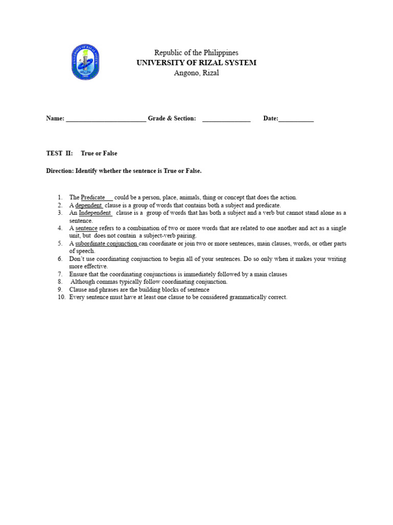 True or False Test on Sentence Structure | PDF