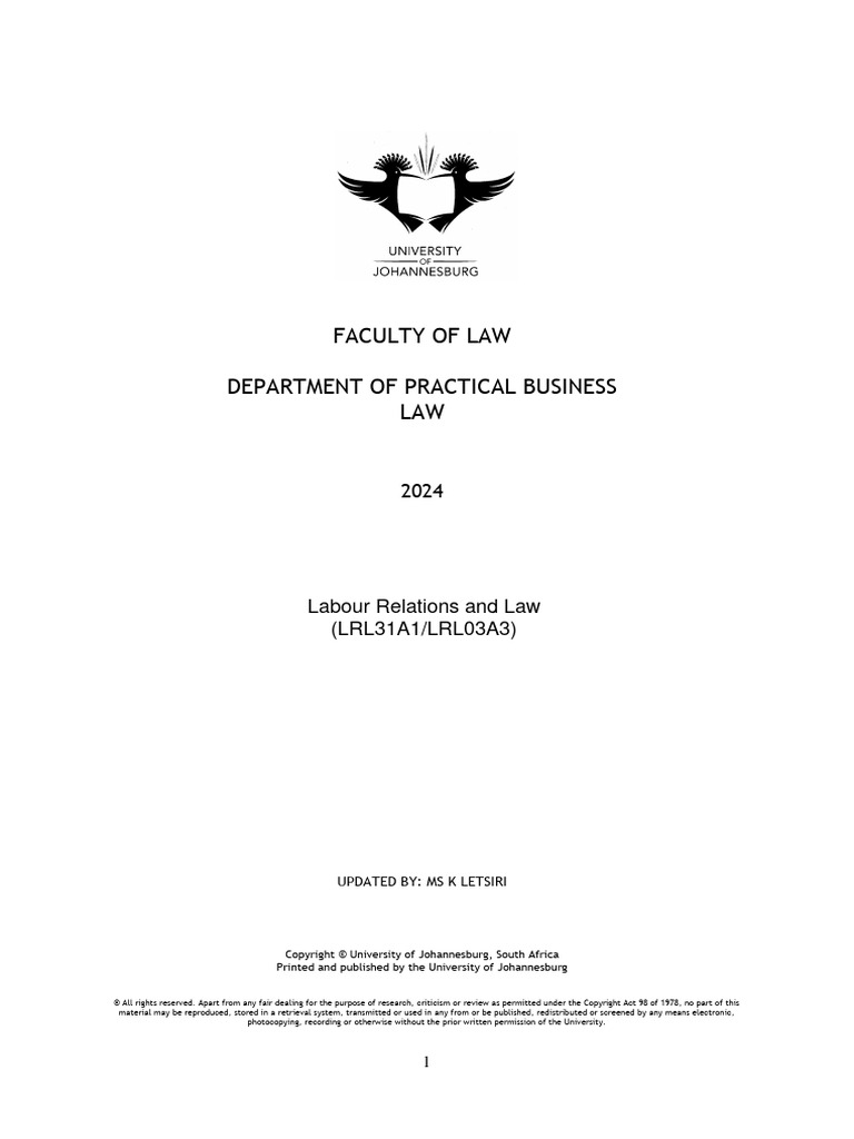 LABOUR RELATIONS AND LAW (LRL31A1) Study Guide 2024 | PDF | Employment ...