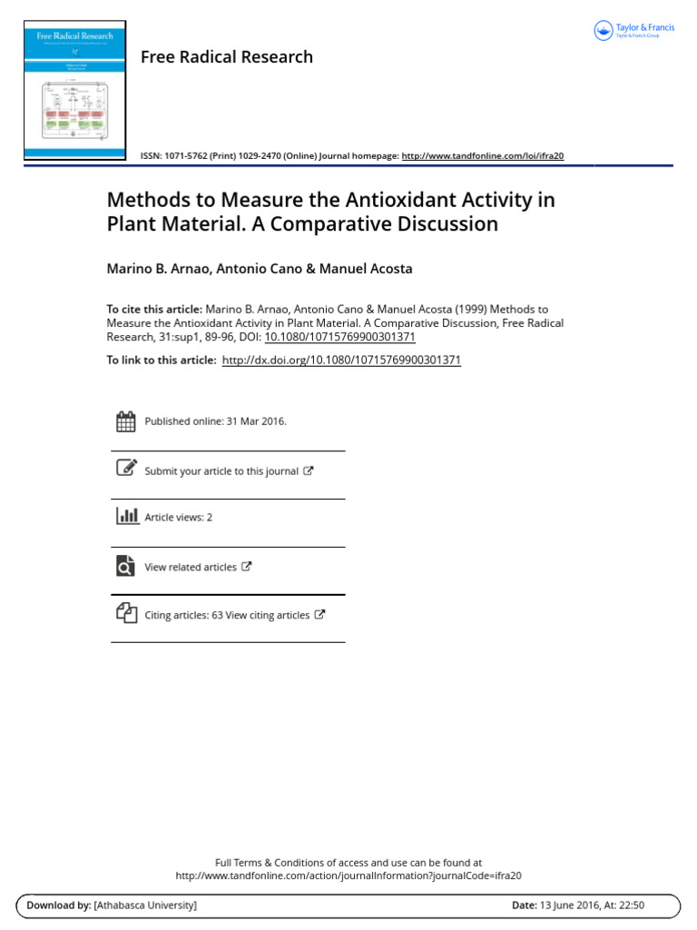 Antioxidant Activity Measurement Methods | PDF | Chemistry | Chemical ...