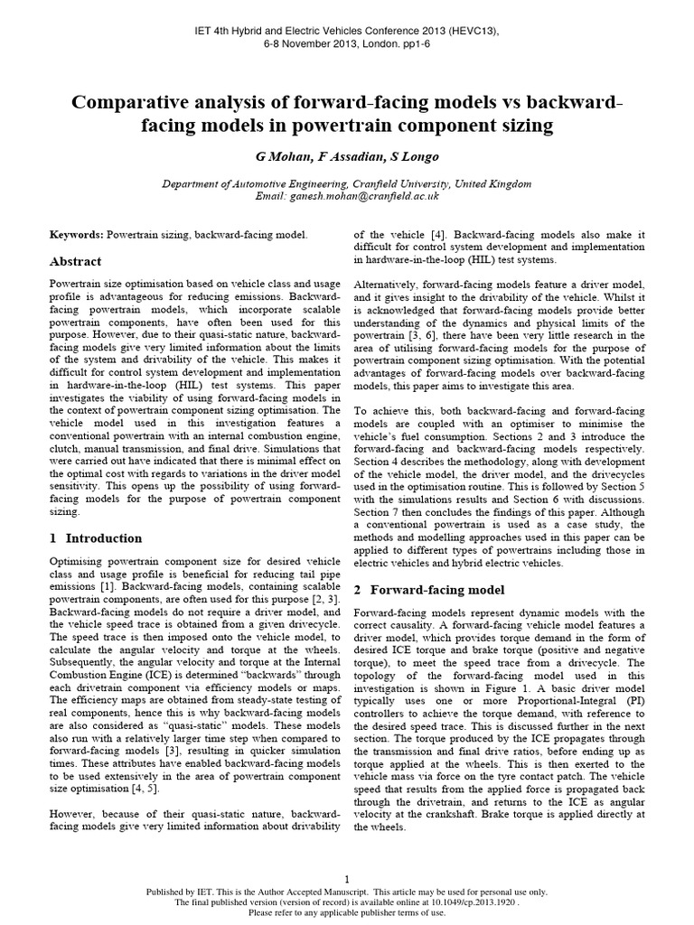 Powertrain Sizing: Forward vs Backward Models | PDF | Torque ...
