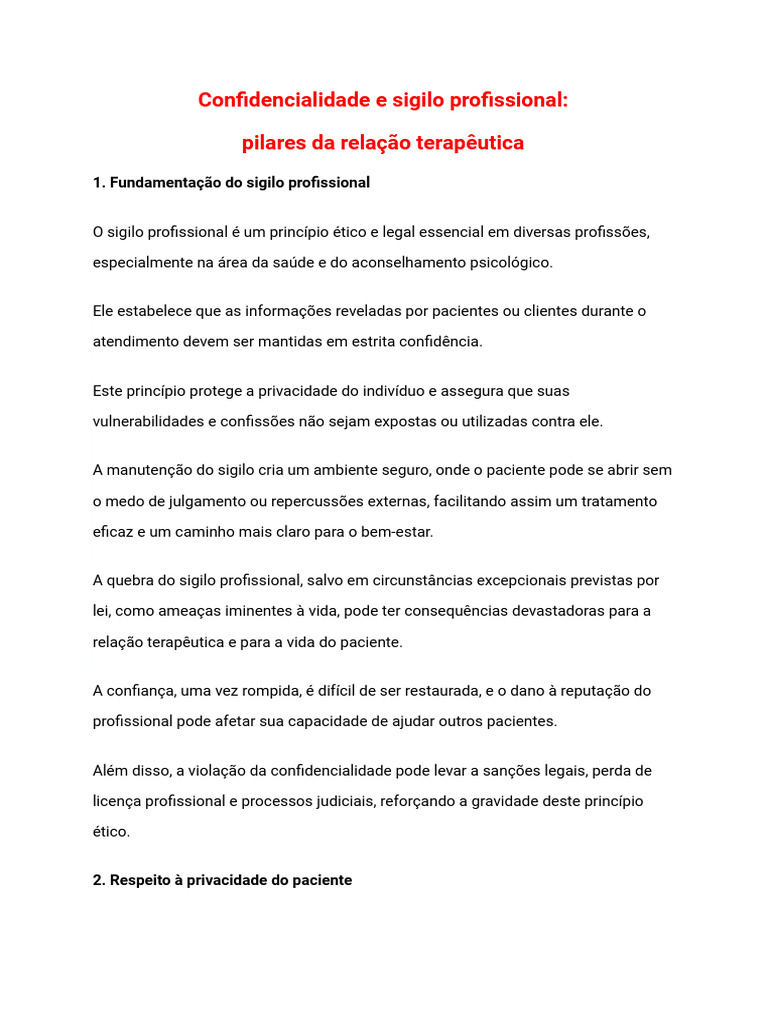 Sigilo Profissional na Terapia: Importância e Práticas | PDF | Prática ...