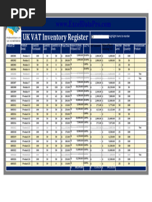 UK VAT Inventory Register Excel Template