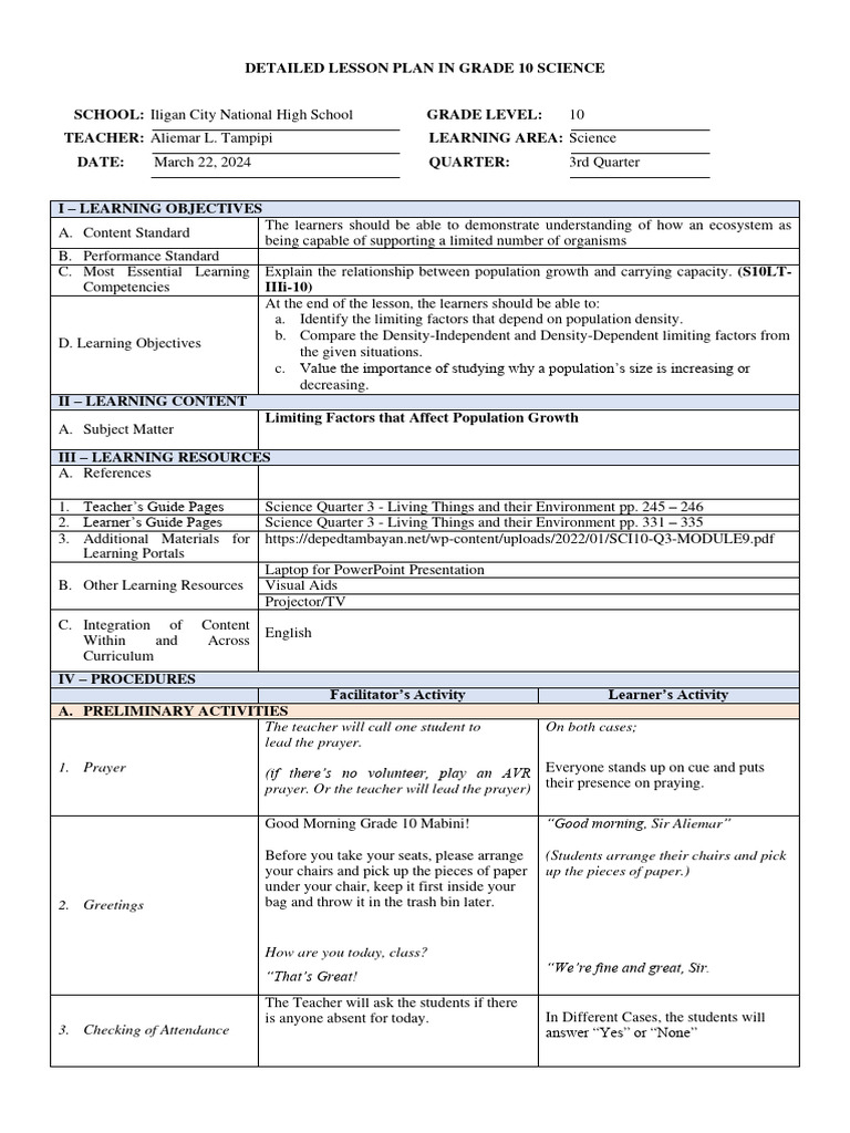 Grade 10 Science Lesson Plan: Ecosystem Factors | PDF | Biodiversity ...