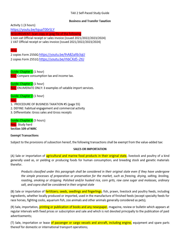 Tax 2 Study Guide Overview | PDF | Value Added Tax | Taxes