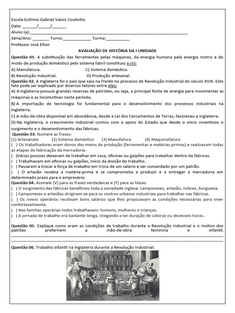 Avaliação sobre a Revolução Industrial 8º Ano | PDF | Revolução ...