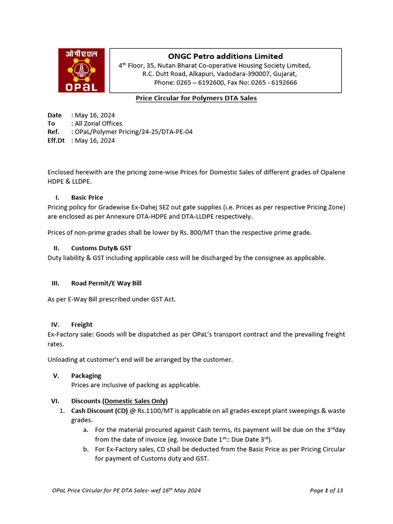 OPaL PE DTA Pricing Circular 2024 | PDF | Gujarat
