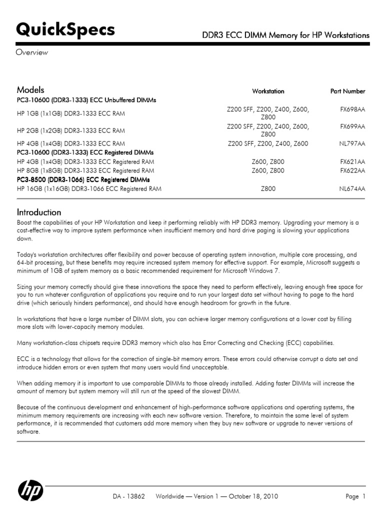 DDR3 and DDR4 DIMM Memory For HP Workstations v1-6 | PDF | Reliability ...