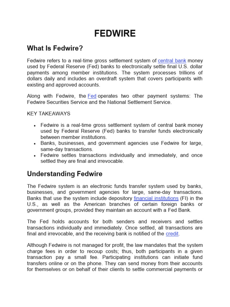 Overview of Fedwire Payment System | PDF | Fedwire | Federal Reserve