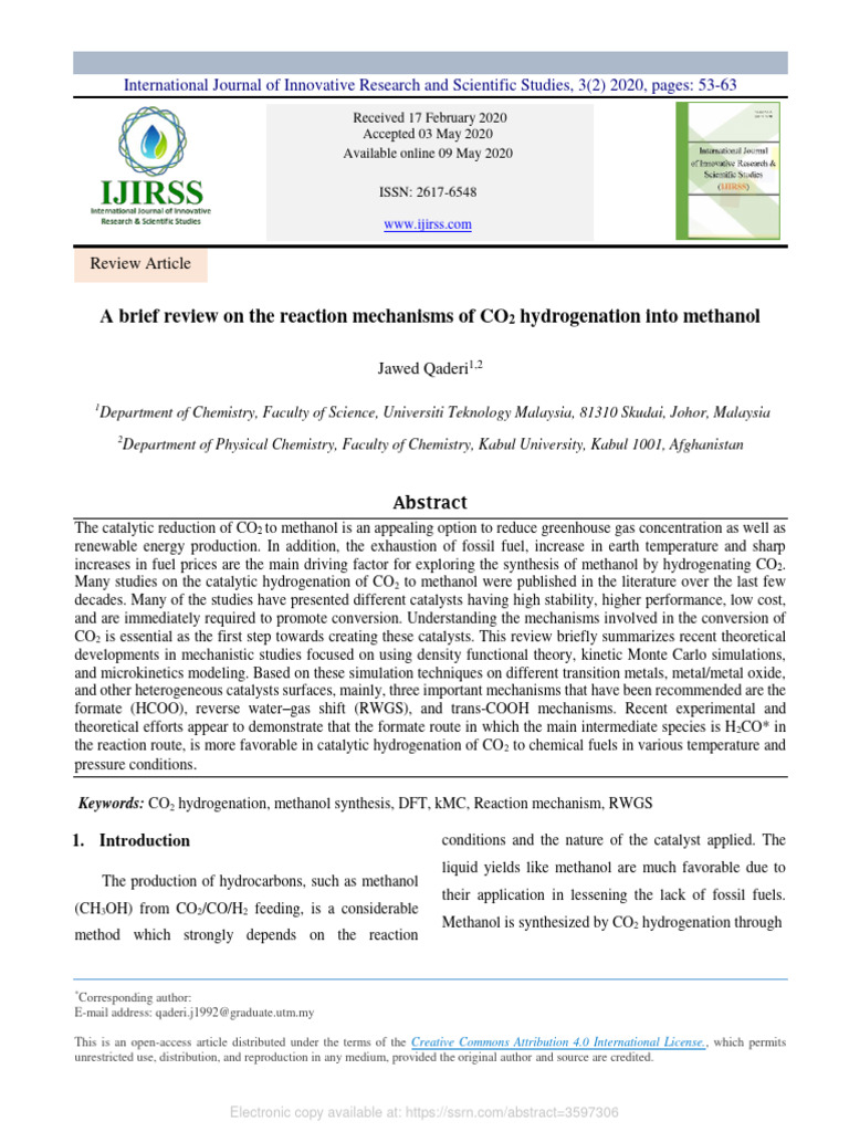 CO2 Hydrogenation Into Methanol | PDF | Catalysis | Chemical Reactions