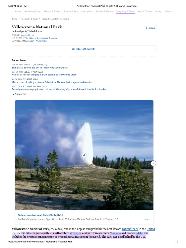 Yellowstone National | PDF | Yellowstone National Park | Types Of