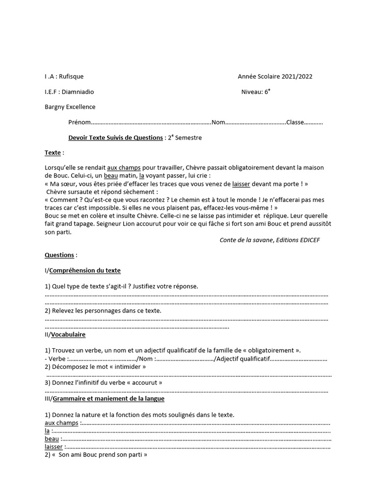 Bargny Excellence Devoire Second Semestre TSQ | PDF | Typologie ...