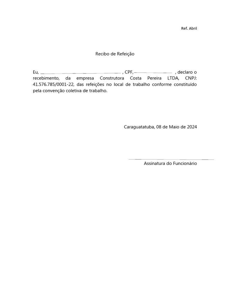 Modelo - Recibo de Refeição | PDF