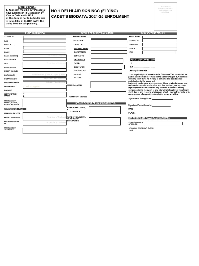 NCC Enrollment Form 2024-25 Details | PDF