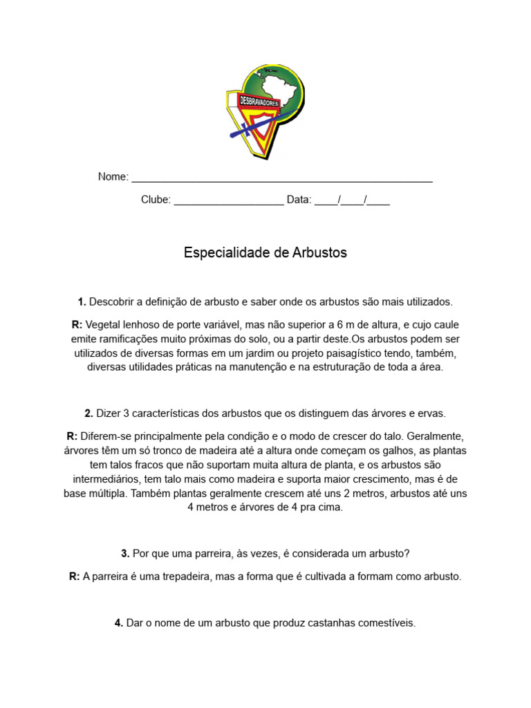 Especialidade e Características dos Arbustos | PDF | Árvores | Flores