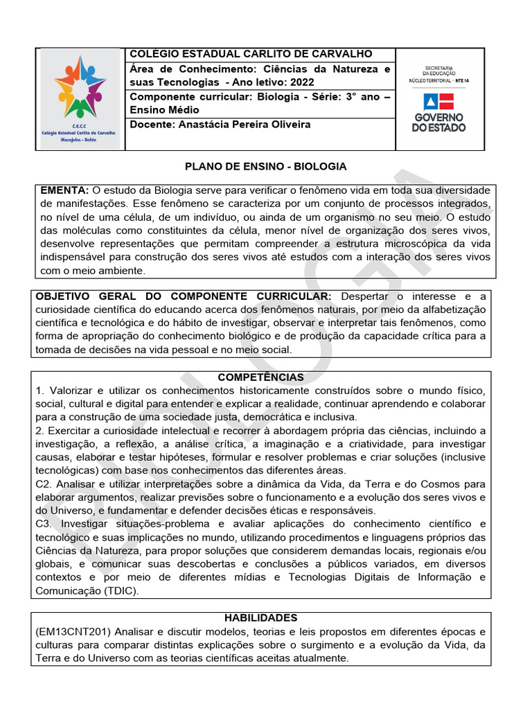 Plano de Ensino de Biologia - 3º Ano | PDF | Science | Vida