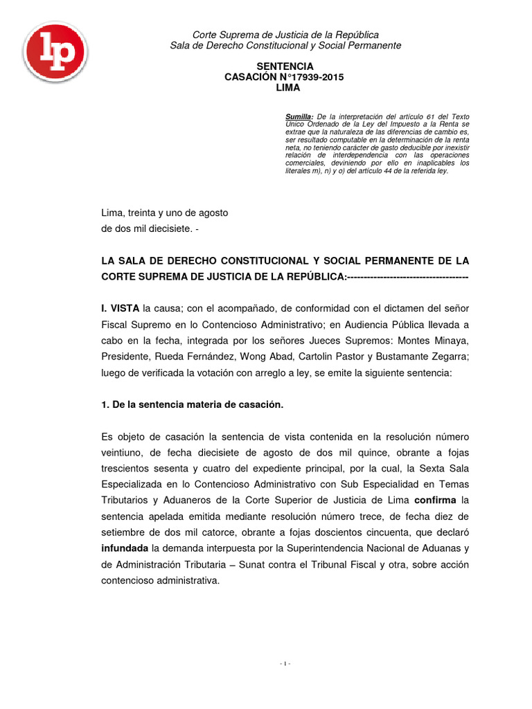 Casación sobre Impuesto a la Renta 2015 | PDF | Impuestos | Caso de ley