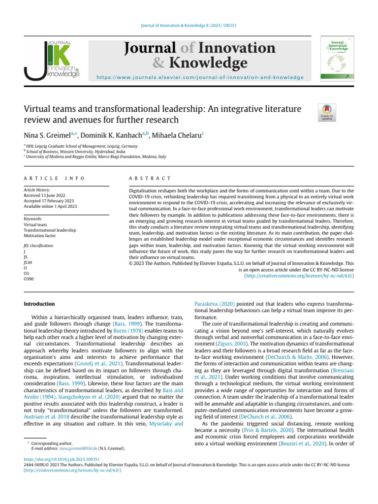 Virtual Teams and Transformational Leadership An Integrative Literature ...
