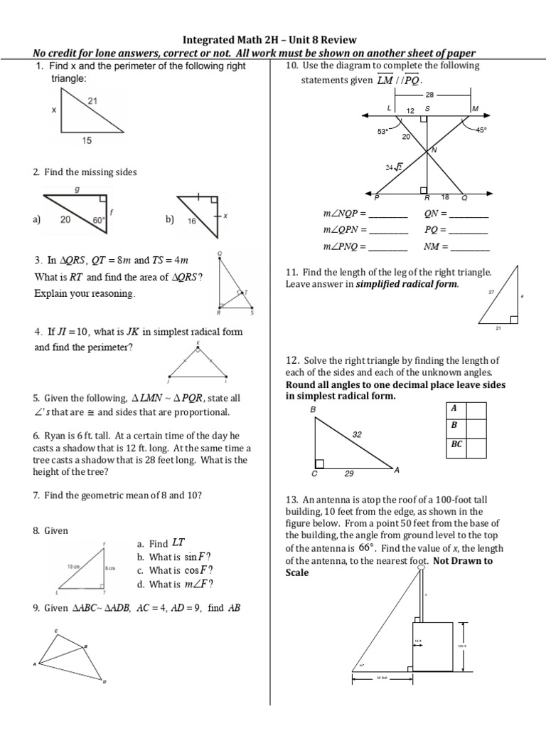 Unit 8 Geometry Review: Right Triangles | PDF | Triangle | Geometry