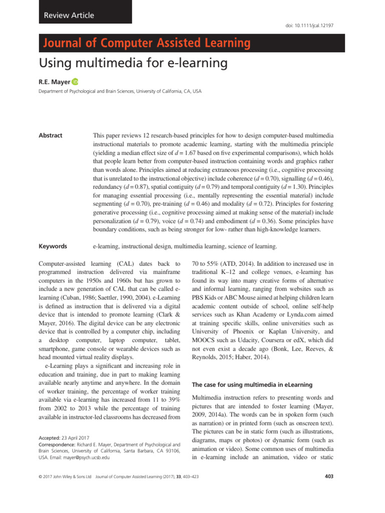 Computer Assisted Learning - 2017 - Mayer - Using Multimedia For e ...