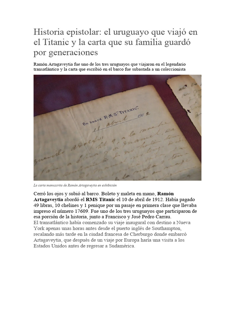 El Uruguayo Que Viajó en El Titanic | PDF | Transatlánticos | Envío