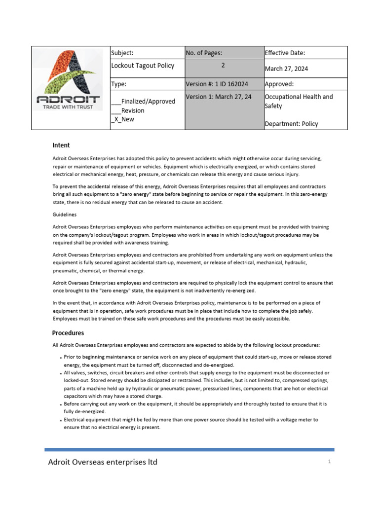 Lockout Tagout Policy - 162024 | PDF | Safety | Electrical Engineering