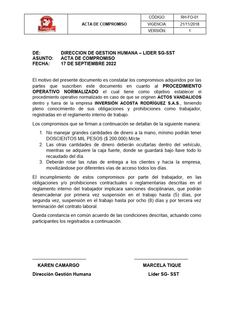 Acta de Compromiso SG-SST 2022 | PDF | Finanzas y dinero
