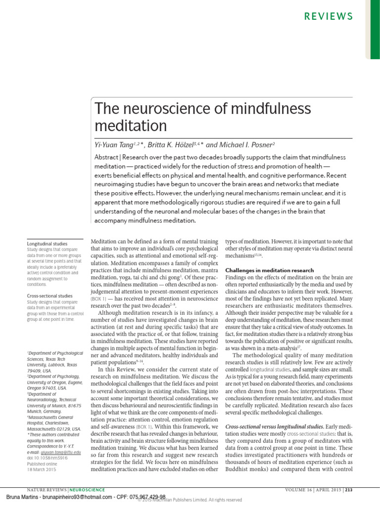 The Neuroscience of Mindfulness Meditation | PDF | Mindfulness | Meditation