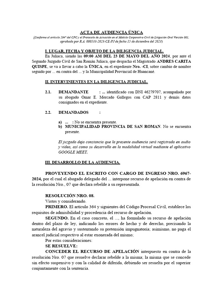 Modelo de Sentencia de Cambio de Nombre en La Oralidad Civil | PDF