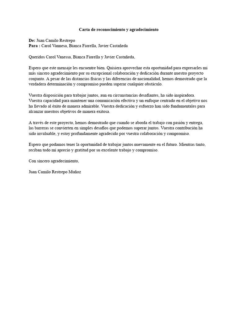 Carta de reconocimiento y agradecimiento | PDF