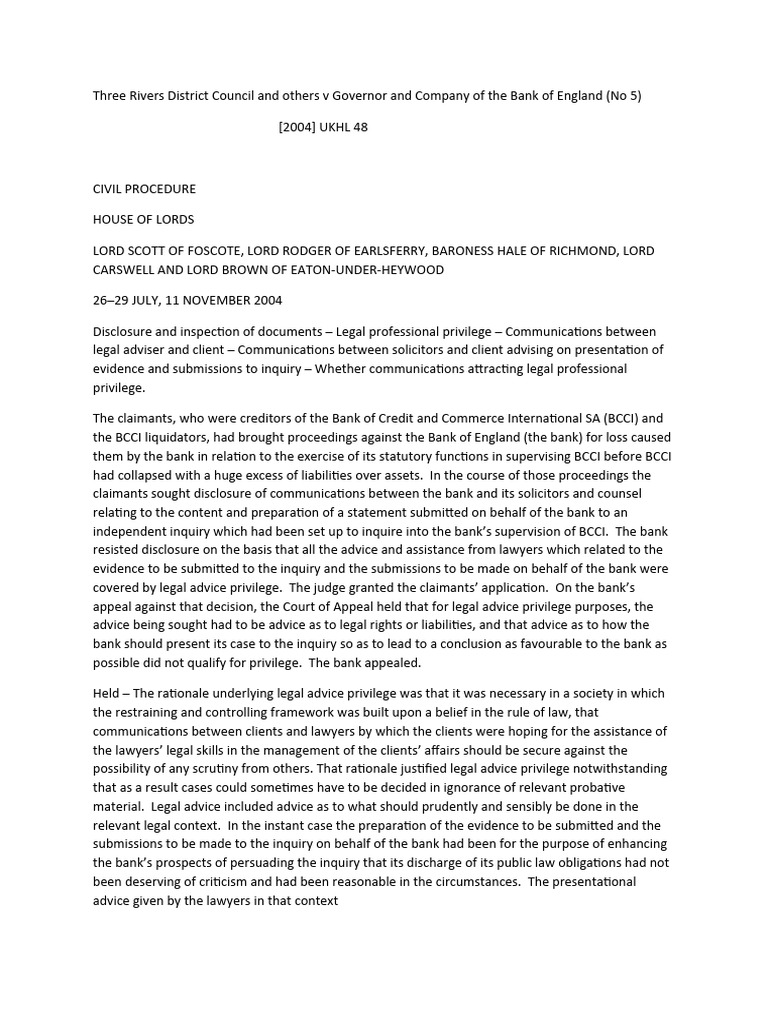 Three Rivers v Bank of England Summary | PDF | Discovery (Law) | Justice