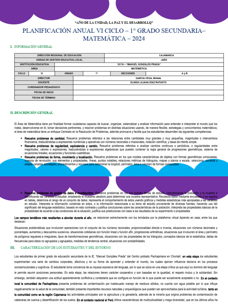 Plan Anual Matemática 1° Grado 2024 | PDF | Números | Ecuaciones