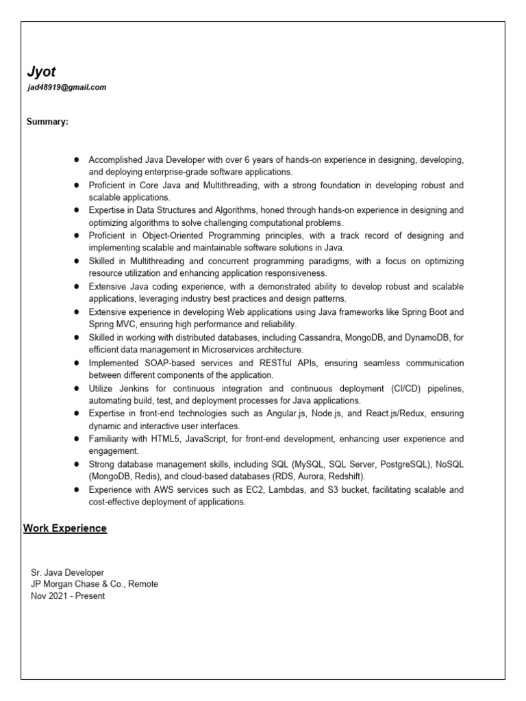 Java Developer Resume: 6 Years Experience | PDF | Databases | Spring ...