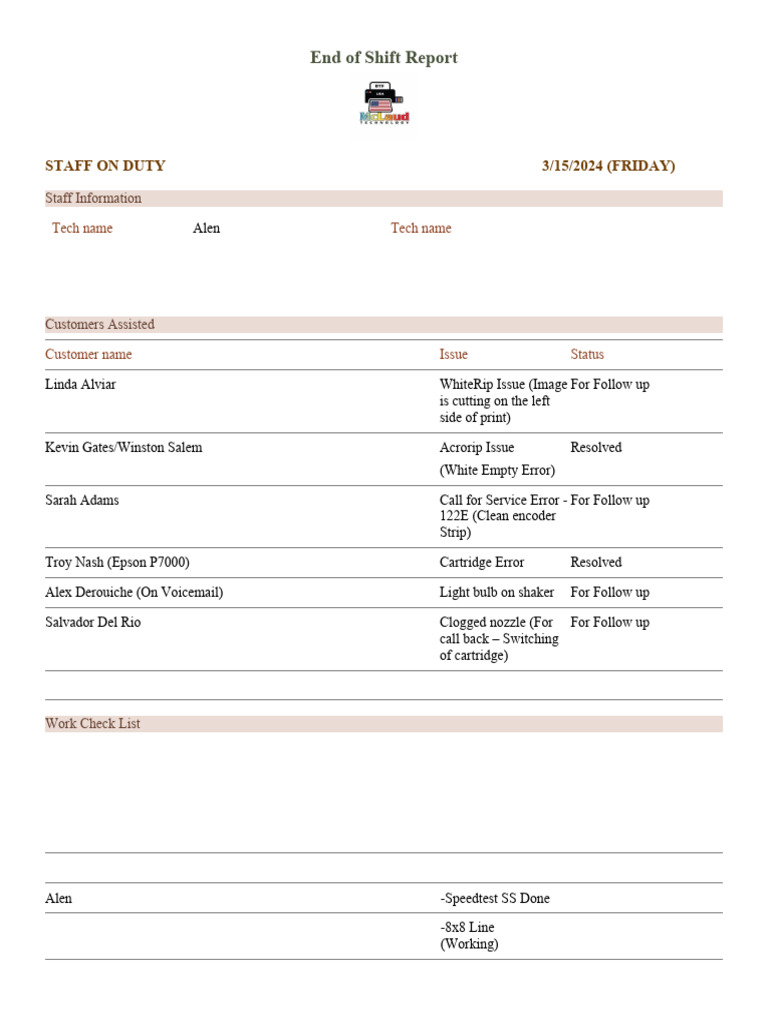 End of Shift Report 3-15-24 | PDF